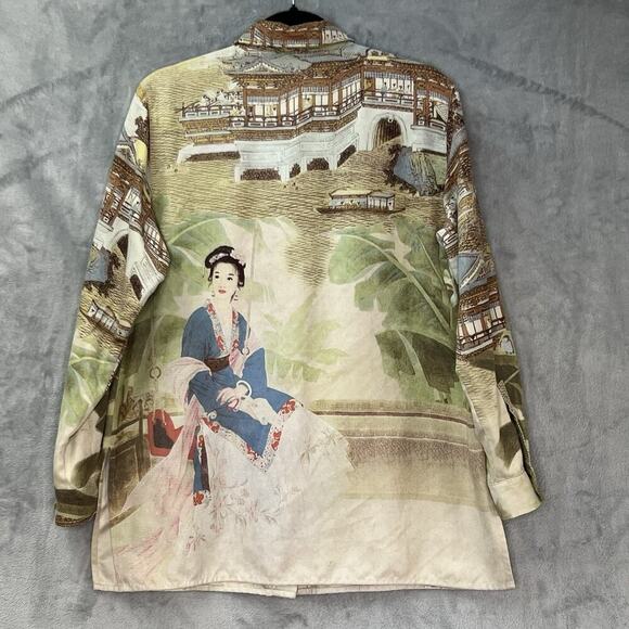 Chicos Womens Sz M Blouse Shirt Oriental Asian Women Geisha All Over Print Uniq - Picture 7 of 12